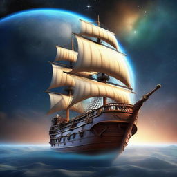 A majestic pirate ship floating in space, orbiting the Earth