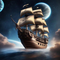 A majestic pirate ship floating in space, orbiting the Earth