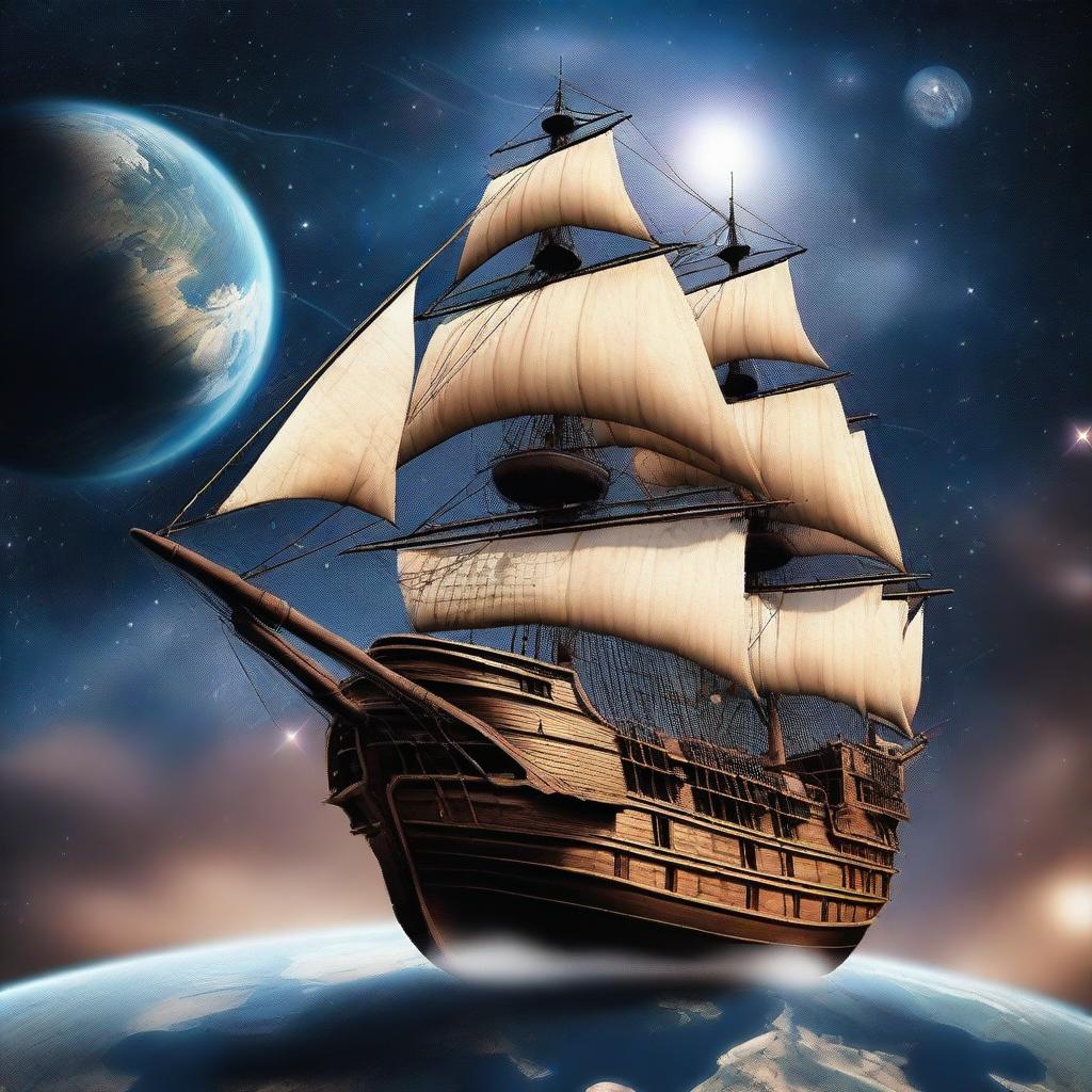 A majestic pirate ship floating in space, orbiting the Earth