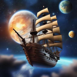 A majestic pirate ship floating in space, orbiting the Earth