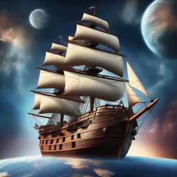 A majestic pirate ship floating in space, orbiting the Earth