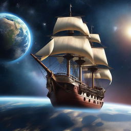 A majestic pirate ship floating in space, orbiting the Earth