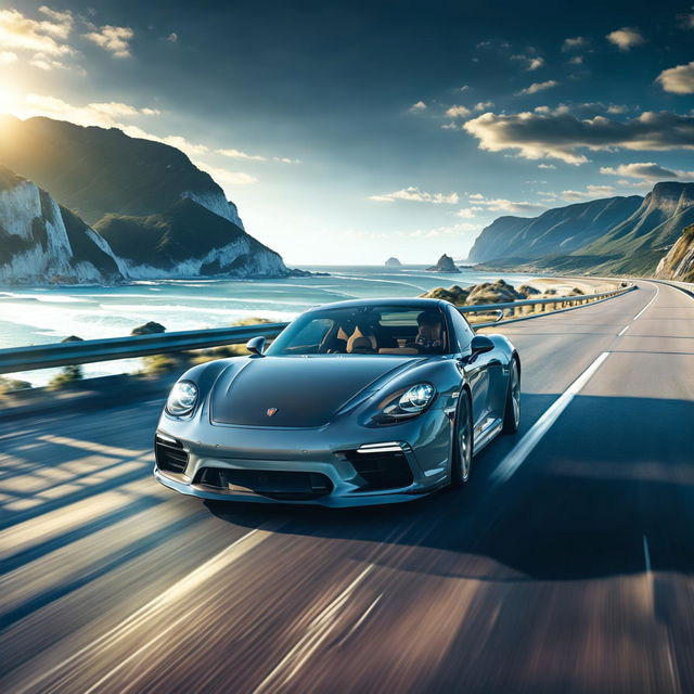 A sleek Porsche sports car driving on an elevated ocean highway with stunning coastal scenery, bright sunshine, and a clear blue sky