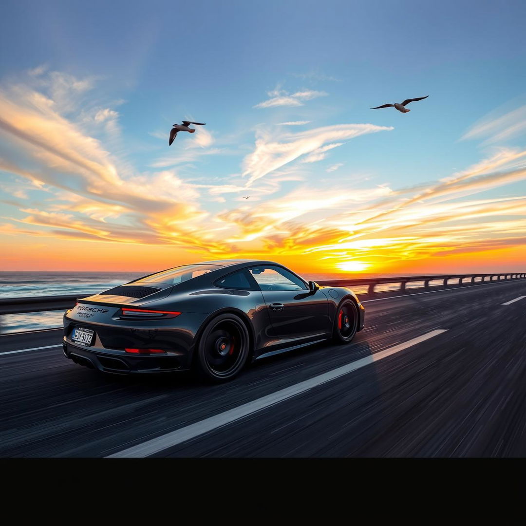 A sleek Porsche sports car driving on an elevated ocean highway during a vibrant sunset, with waves crashing below and seagulls flying in the distance