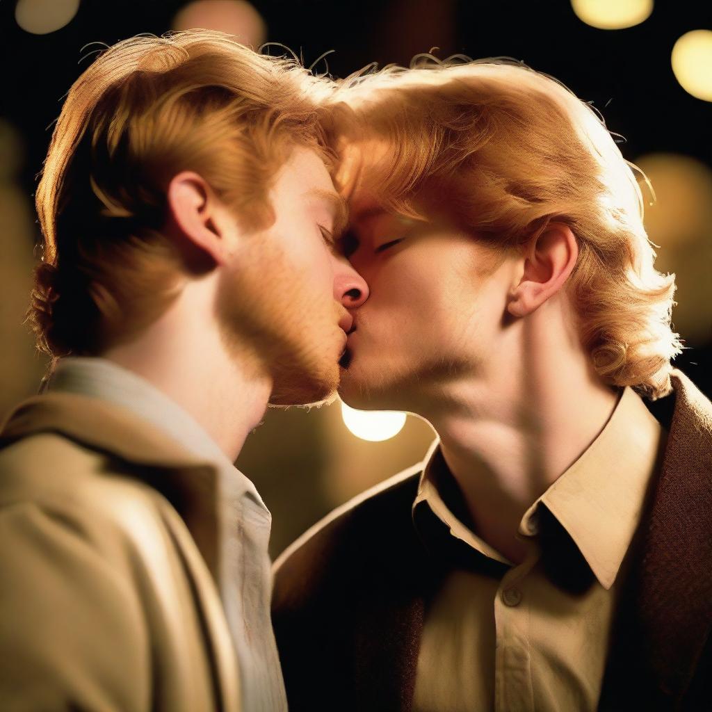 A romantic scene featuring two men kissing