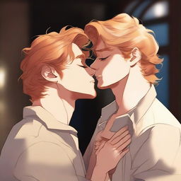 A romantic scene featuring two men kissing