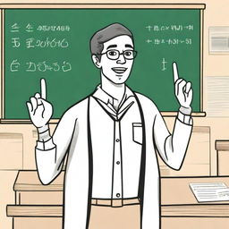 A mathematician standing in front of a chalkboard, holding up three fingers on one hand while explaining a concept