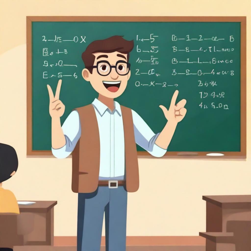 A mathematician standing in front of a chalkboard, holding up three fingers on one hand while explaining a concept