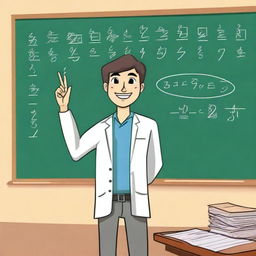 A mathematician standing in front of a chalkboard, holding up three fingers on one hand while explaining a concept