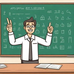 A mathematician standing in front of a chalkboard, holding up three fingers on one hand while explaining a concept