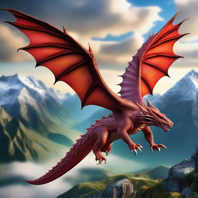 A majestic dragon with intricate scales and large wings, soaring through the sky