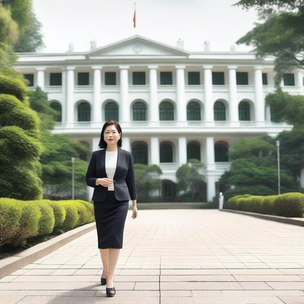 A female member of the regional legislative council (DPRD) walking confidently on a path