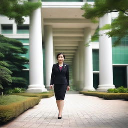 A female member of the regional legislative council (DPRD) walking confidently on a path