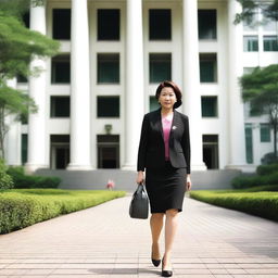 A female member of the regional legislative council (DPRD) walking confidently on a path