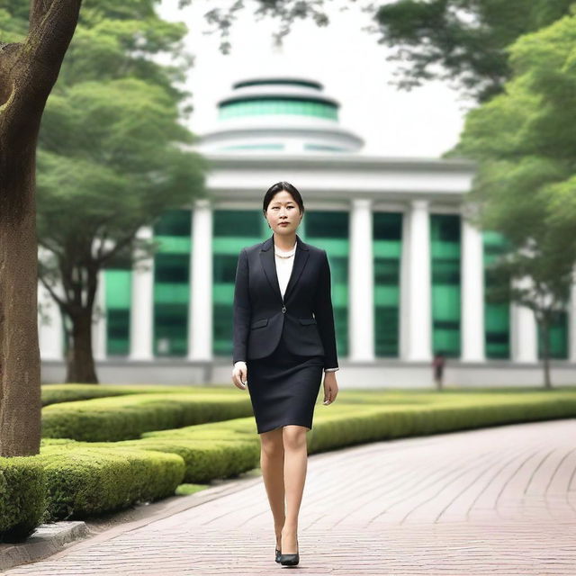 A female member of the regional legislative council (DPRD) walking confidently on a path