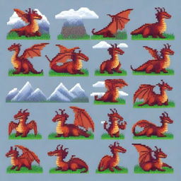 A set of 300 pixel art images featuring a majestic dragon in various poses and scenes