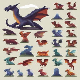 A set of 300 pixel art images featuring a majestic dragon in various poses and scenes