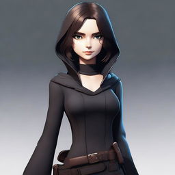 A rogue character with brunette hair, thin build, and beautiful big eyes