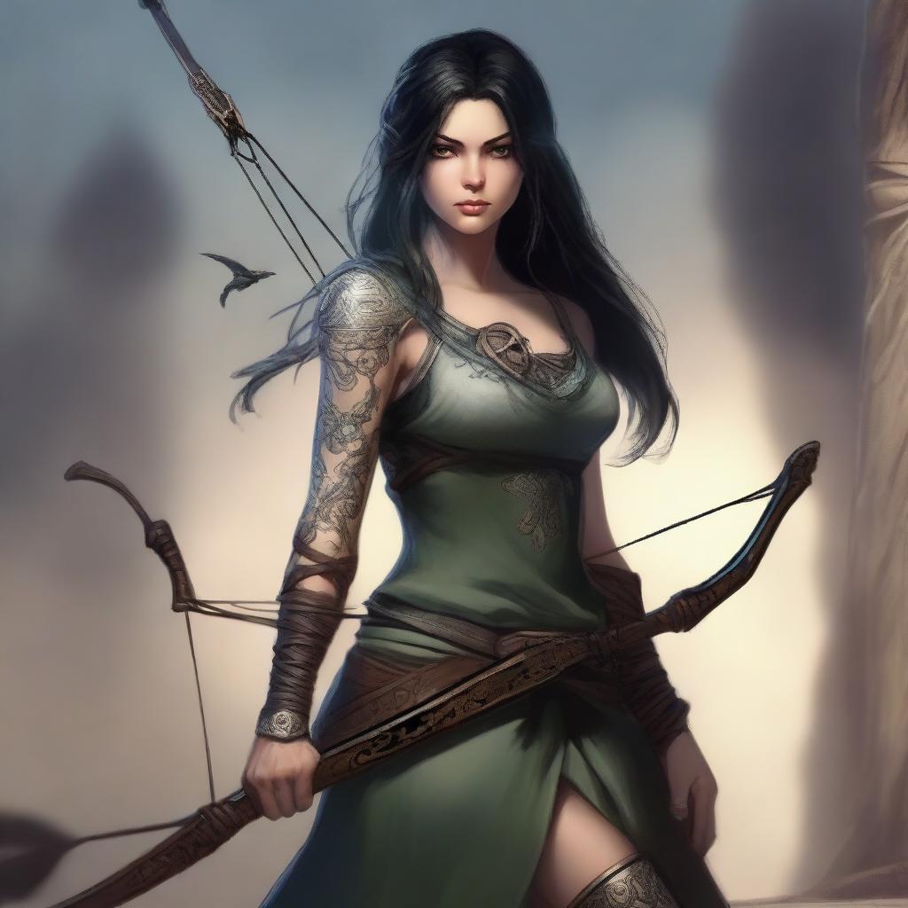 A beautiful rogue with dark hair, large eyes, and tattoos, wielding a longbow