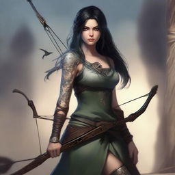 A beautiful rogue with dark hair, large eyes, and tattoos, wielding a longbow