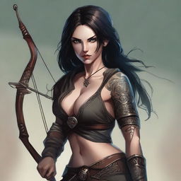 A beautiful rogue with dark hair, large eyes, and tattoos, wielding a longbow