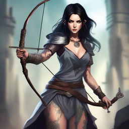 A beautiful rogue with dark hair, large eyes, and tattoos, wielding a longbow