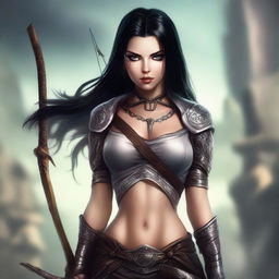 A beautiful rogue with dark hair, large eyes, and tattoos, wielding a longbow