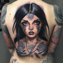 A mischievous, beautiful woman with dark hair and big eyes, adorned with tattoos