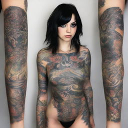 A mischievous, beautiful woman with dark hair and big eyes, adorned with tattoos