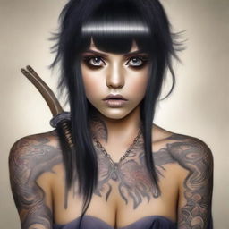 A mischievous, beautiful woman with dark hair and big eyes, adorned with tattoos