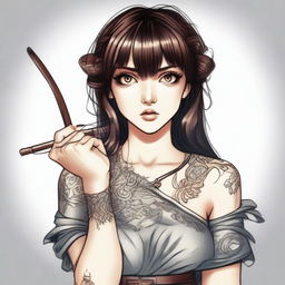 A mischievous brunette woman with bangs and large eyes, a tattoo on her arm, holding a long bow