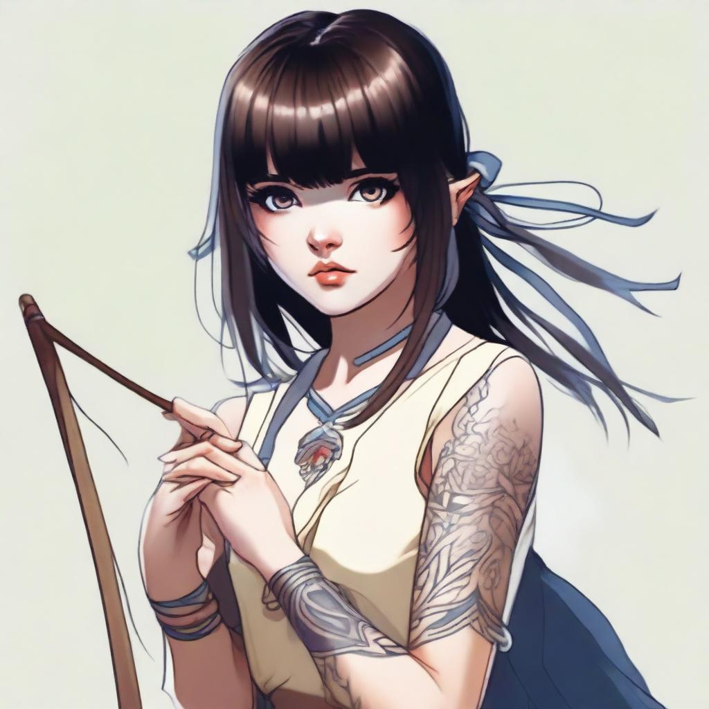 A mischievous brunette woman with bangs and large eyes, a tattoo on her arm, holding a long bow