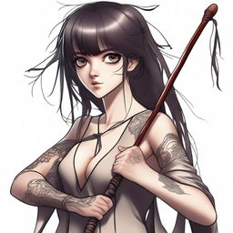 A mischievous brunette woman with bangs and large eyes, a tattoo on her arm, holding a long bow