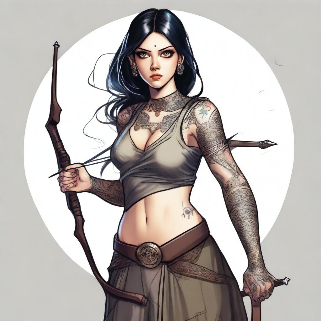 A mischievous and beautiful dark-haired woman with large eyes and tattoos, wielding a longbow