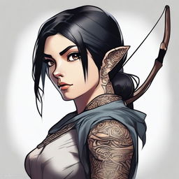 A mischievous and beautiful dark-haired woman with large eyes and tattoos, wielding a longbow