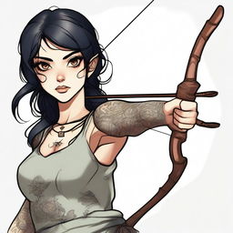 A mischievous and beautiful dark-haired woman with large eyes and tattoos, wielding a longbow