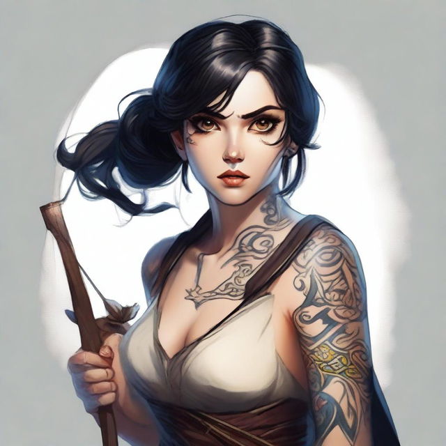 A mischievous and beautiful dark-haired woman with large eyes and tattoos, wielding a longbow