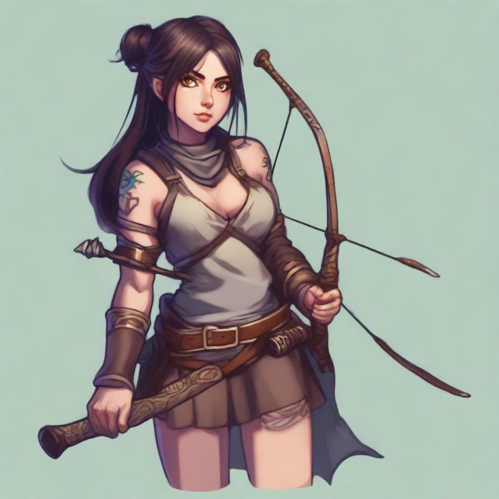 A mischievous and dangerous rogue with dark hair, large eyes, tattoos, a longbow, and a tunic