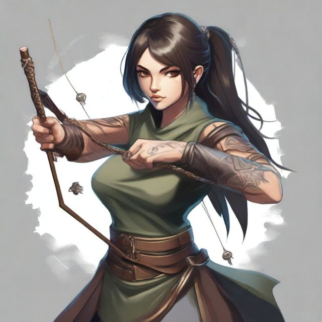 A mischievous and dangerous rogue with dark hair, large eyes, tattoos, a longbow, and a tunic