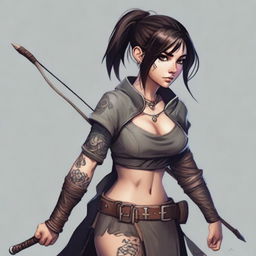 A mischievous and dangerous rogue with dark hair, large eyes, tattoos, a longbow, and a tunic