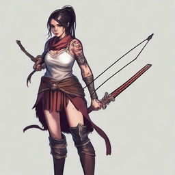 A mischievous and dangerous rogue with dark hair, large eyes, tattoos, a longbow, and a tunic