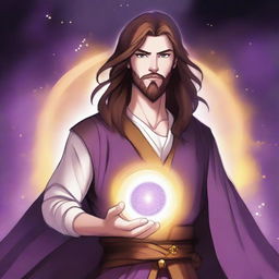 A drawing of a white-skinned teen sorcerer with long brown hair, violet eyes, and a brown beard