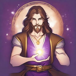 A drawing of a white-skinned teen sorcerer with long brown hair, violet eyes, and a brown beard