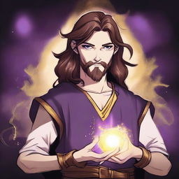 A drawing of a white-skinned teen sorcerer with long brown hair, violet eyes, and a brown beard