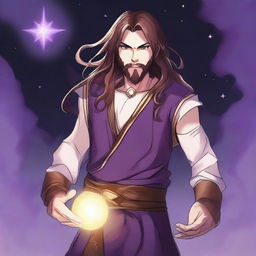 A drawing of a white-skinned teen sorcerer with long brown hair, violet eyes, and a brown beard