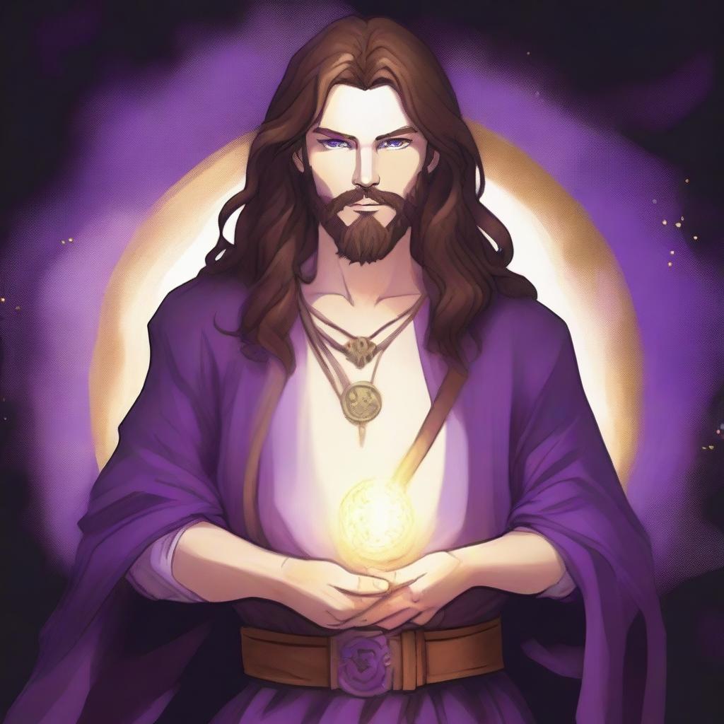 A detailed drawing of a white-skinned teen sorcerer with long brown hair, violet eyes, and a brown beard