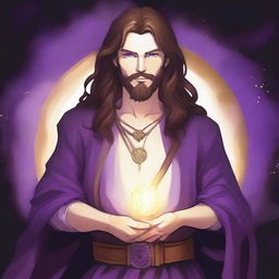 A detailed drawing of a white-skinned teen sorcerer with long brown hair, violet eyes, and a brown beard