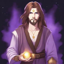 A detailed drawing of a white-skinned teen sorcerer with long brown hair, violet eyes, and a brown beard