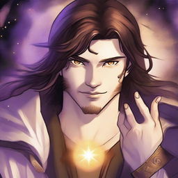 A detailed drawing of a white-skinned teen sorcerer with long brown hair, violet eyes, and a brown beard