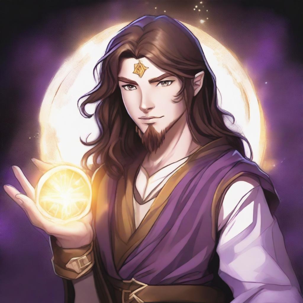 A detailed drawing of a white-skinned teen sorcerer with long brown hair, violet eyes, and a brown beard